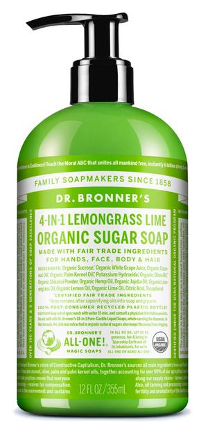 Dr Bronner's 4-In-1 Lemongrass Lime Organic Sugar Pump Soap 355mL